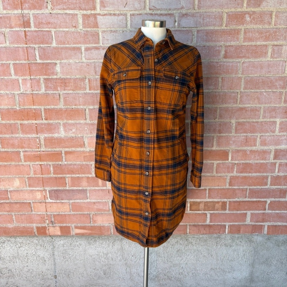 Duluth Trading Co Womens Folklore Flannel Duster‎ XS Blue Orange Plaid Insulated